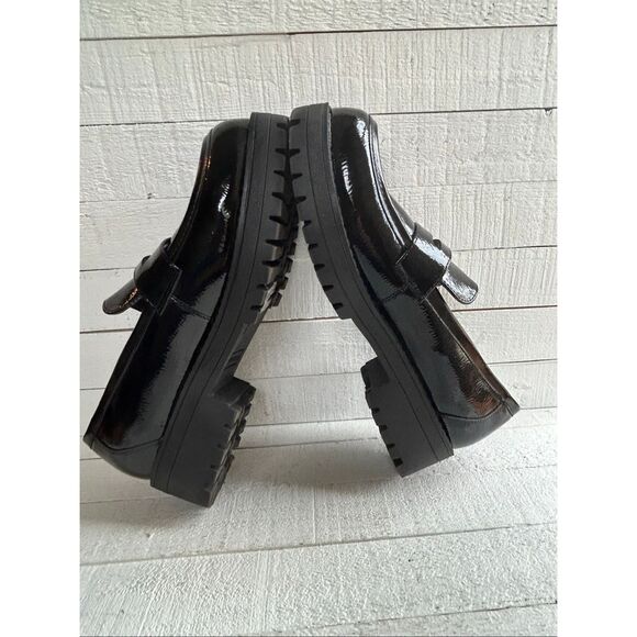 Black Chunky Platform Patent Leather Penny Loafers Women’s Sz 9 Slip On Lug Sole - Picture 11 of 13